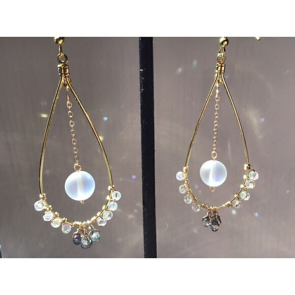 Handmade Wire Wrapped Dangle Earrings Sparkle Iridescent Mermaid Boho - Picture 5 of 7